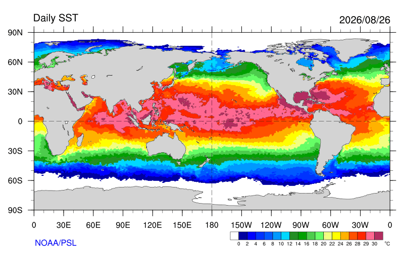 A map of sea surface temperatures on Wednesday. Credit: NOAA/PSL