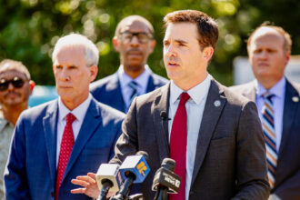 North Carolina Attorney General Jeff Jackson announces a settlement with Chemours over its forever chemicals pollution during a press conference on Thursday in Cumberland County. Credit: Matthew Wonderly/CityView