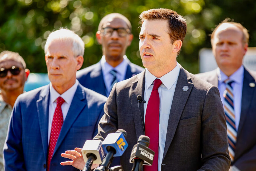 North Carolina Attorney General Jeff Jackson announces a settlement with Chemours over its forever chemicals pollution during a press conference on Thursday in Cumberland County. Credit: Matthew Wonderly/CityView