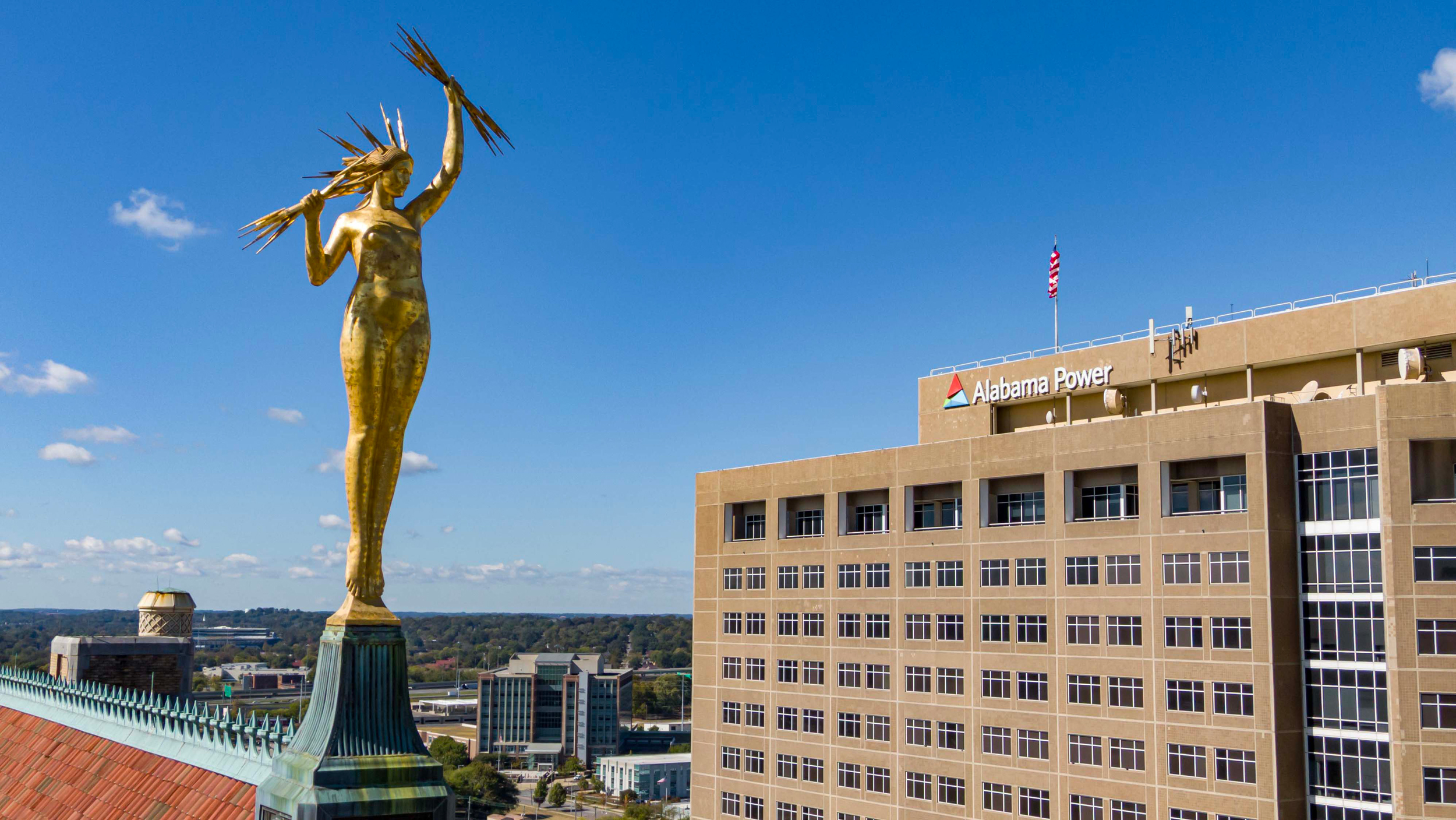 A statue of Electra sits atop Alabama Power’s headquarters in downtown Birmingham. Credit: Lee Hedgepeth/Inside Climate News