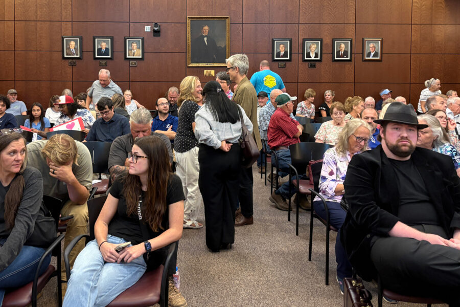 Opponents of Maymead’s proposed asphalt plant petition Forsyth County Commissioners on Aug. 27 to halt the project. Credit: Lisa Sorg/Inside Climate News
