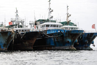 Chinese commercial fishing boats are seen docked at Hann Bay in Dakar, Senegal, on Sept. 27, 2023. Credit: John Wessels/AFP via Getty Images