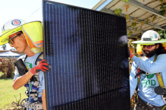Workers install no-cost solar panels on the rooftop of a low-income house on Oct. 19, 2023, in Pomona, Calif. Credit: Mario Tama/Getty Images