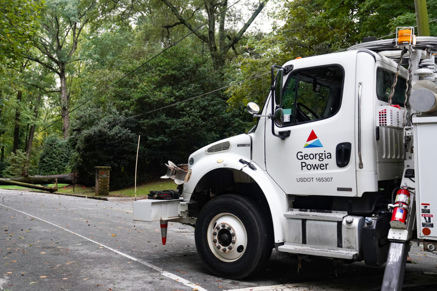 A Georgia Power truck sits in an Atlanta neighborhood as crews work in the aftermath of Hurricane Helene on Sept. 27, 2024. Credit: Megan Varner/Getty Images