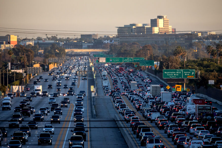 Traffic moves along Interstate 405 in Los Angeles on Feb. 13. Credit: Apu Gomes/Getty Images