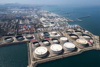 A view of oil storage tanks at a terminal on April 12 in Qingdao, China. Credit: Getty Images