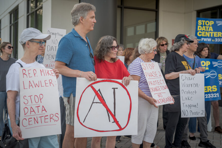 Rockland County residents demonstrate outside the Orangetown Town Hall to protest a proposed data center in the area. Credit: Erik McGregor/LightRocket via Getty Images