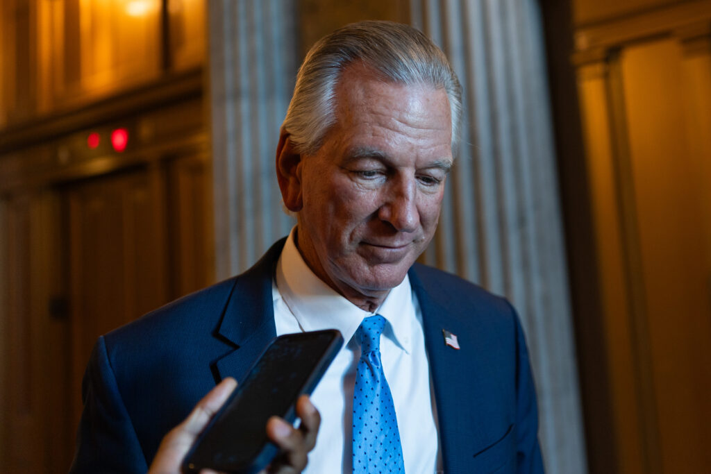 U.S. Sen. Tommy Tuberville takes questions from reporters as he departs from the Senate Chambers on July 13 in Washington, D.C. Credit: Finn Gomez/Getty Images