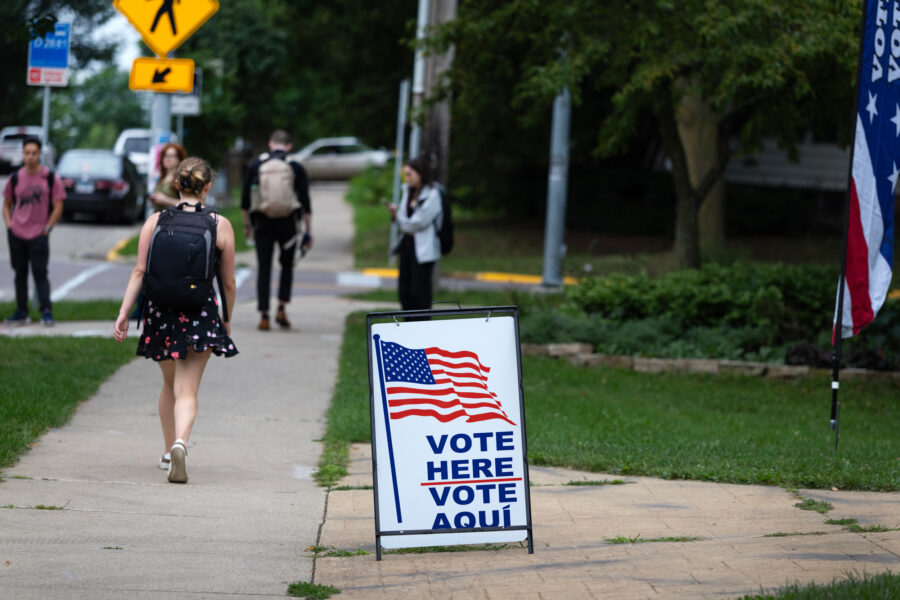 A sign marks the location of a polling place as residents vote in Wisconsin’s primary election on Aug. 11 in Madison. Credit: Scott Olson/Getty Images