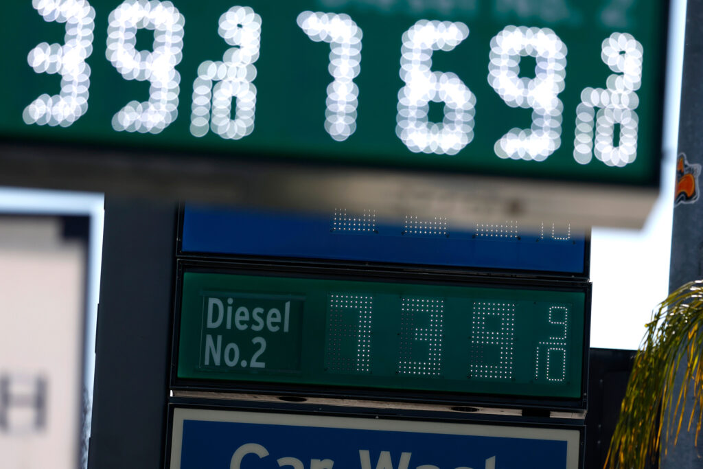 A sign displays diesel prices at a gas station in Los Angeles on Aug. 21. Credit: Justin Sullivan/Getty Images