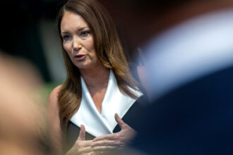 Agriculture Secretary Brooke Rollins speaks to the press outside of the White House on Aug. 25. Credit: Jim Watson/AFP via Getty Images