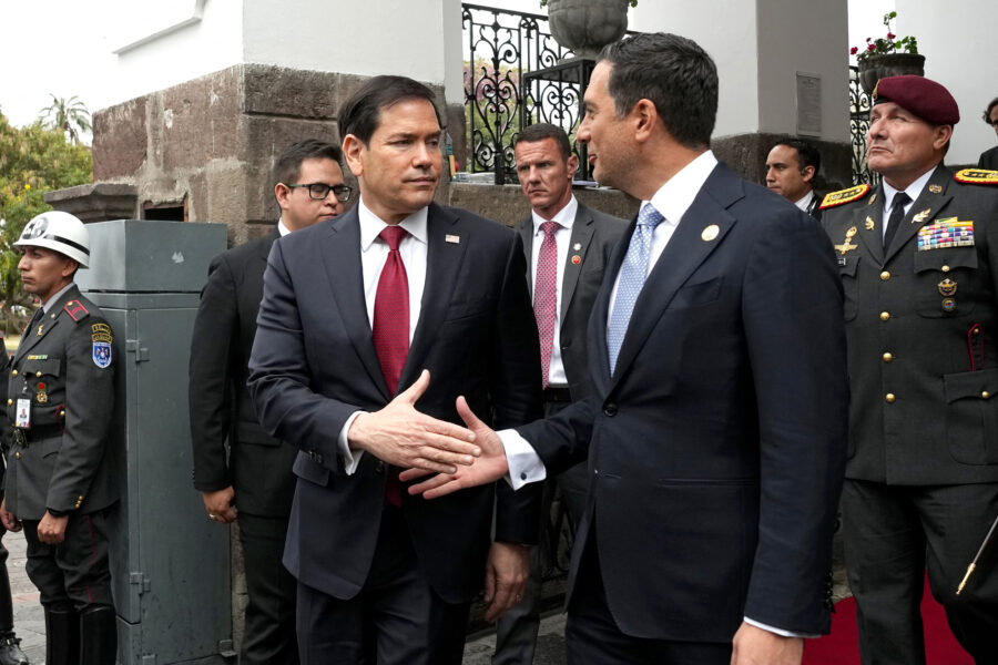 Secretary of State Marco Rubio (left) and Ecuador’s Foreign Affairs Minister Roberto Kury shake hands after a press conference in Quito on Wednesday. Credit: Dolores Ochoa/AFP via Getty Images