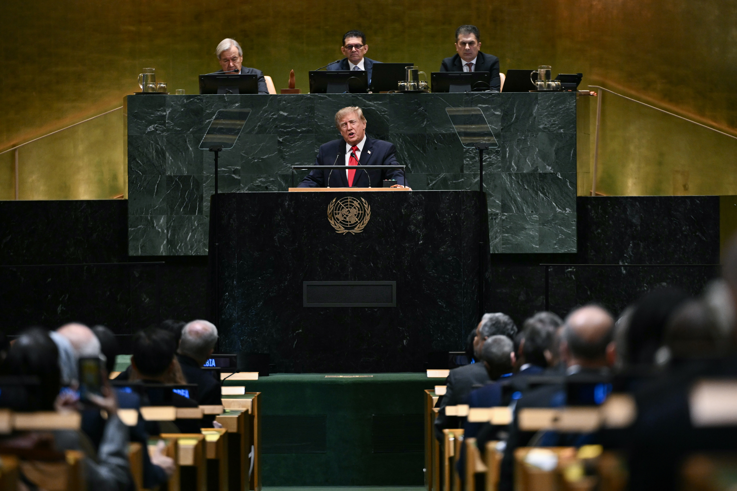 President Donald Trump speaks at the United Nations Headquarters in New York City during the 81st General Assembly on Tuesday. Credit: Brendan Smialowski/Getty Images