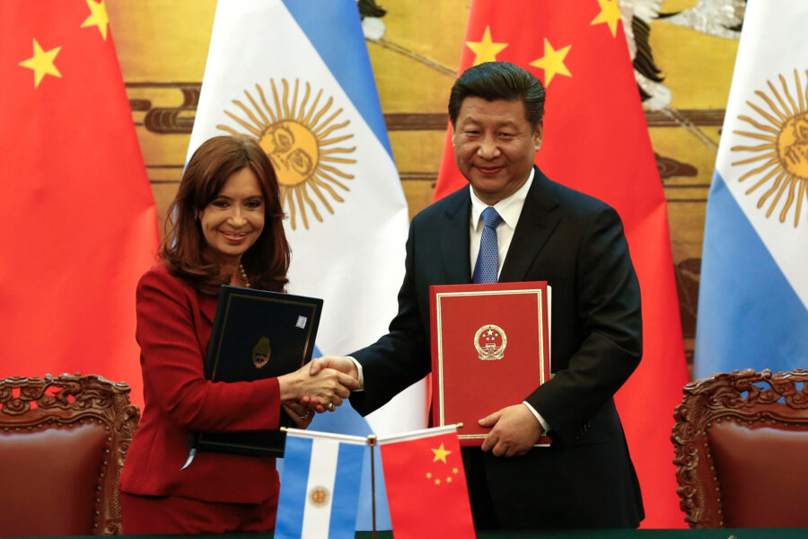 Argentinian President Cristina Fernandez de Kirchner (left) and Chinese President Xi Jinping shake hands after signing documents during a ceremony in 2015 in Beijing. Credit: Rolex dela Pena/Getty Images
