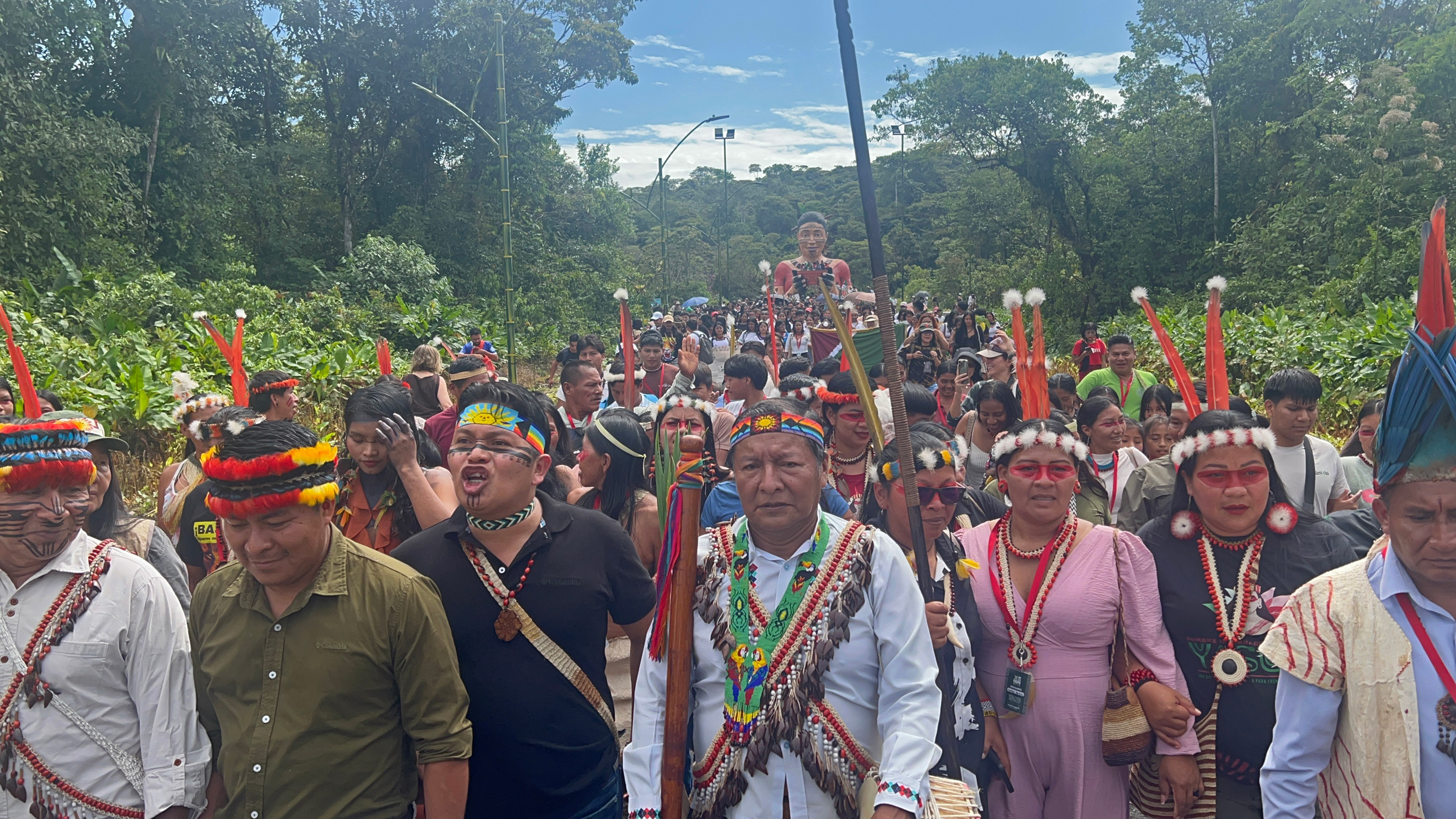 Indigenous leaders from the Ecuadorian Amazon march through Puyo, Ecuador, on Aug. 21 in opposition to the expansion of oil, mining and other extractive industry projects in the rainforest and surrounding ecosystems. Credit: Katie Surma/Inside Climate News