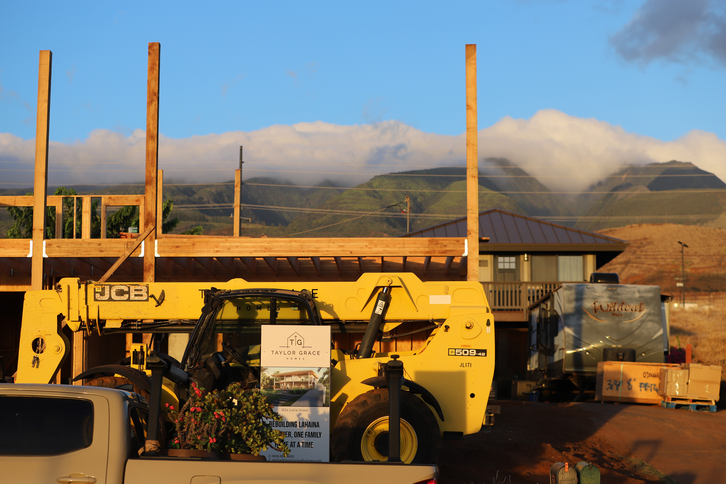 A Taylor Grace Homes sign in front of a partial rebuild in Lahaina’s Wahikuli neighborhood in August 2025. Credit: Erin Nolan/Civil Beat
