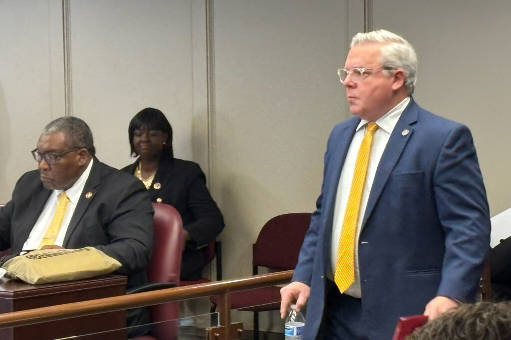 Alabama Rep. Chip Brown arrives at a meeting of the House Transportation, Utilities and Infrastructure Committee to discuss his bill, HB 392, at the Alabama State House on Feb. 10. Credit: Dennis Pillion/Inside Climate News