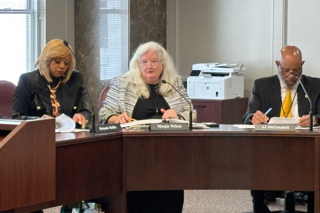 Alabama Rep. Margie Wilcox asks questions during a meeting of the House Transportation, Utilities and Infrastructure Committee at the Alabama State House on Feb. 10. Credit: Dennis Pillion/Inside Climate News