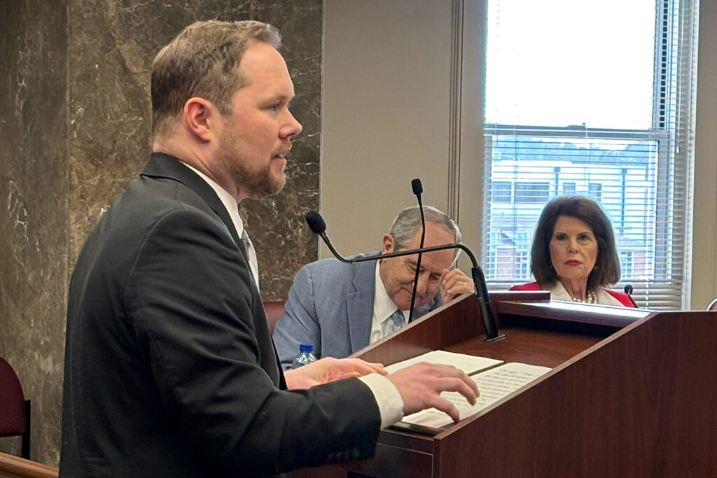 Energy Alabama Executive Director Daniel Tait speaks against HB 392 at the Alabama State House on Feb. 10. Credit: Dennis Pillion/Inside Climate News