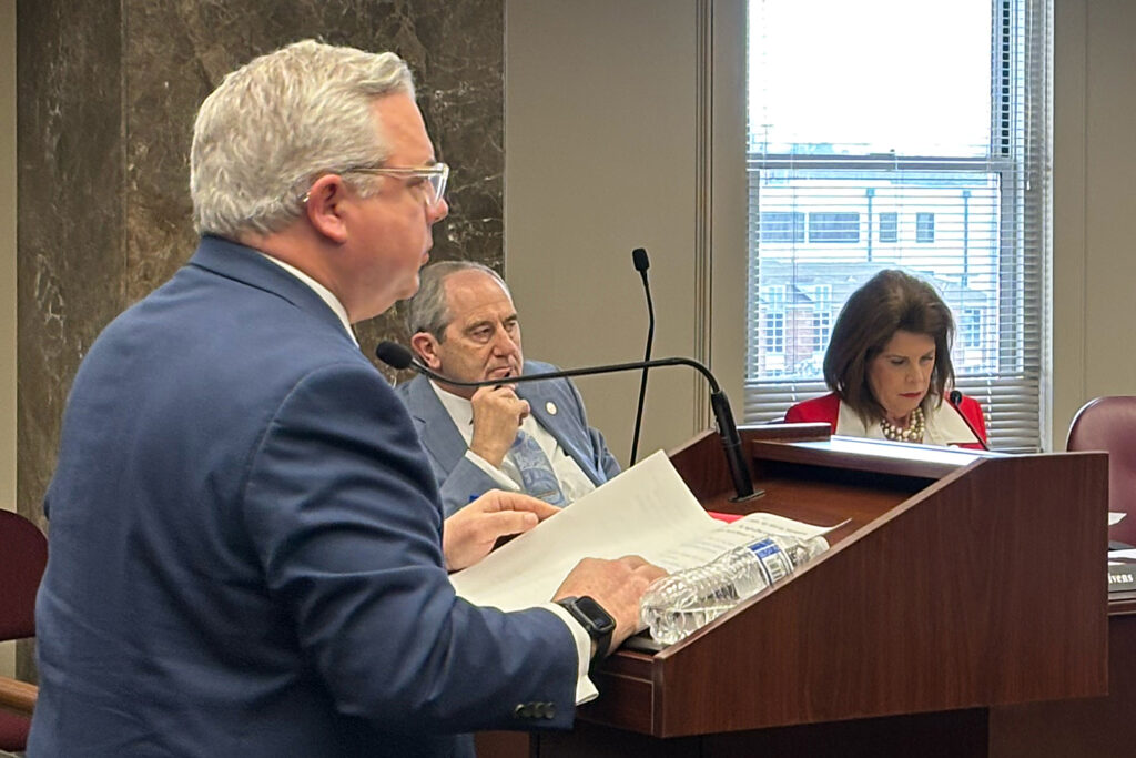 Alabama Rep. Chip Brown speaks at a meeting of the House Transportation, Utilities and Infrastructure Committee to discuss his bill, HB 392, at the Alabama State House on Feb. 10. Credit: Dennis Pillion/Inside Climate News