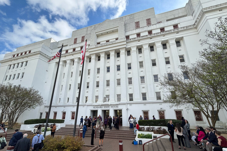 People gather outside the Alabama State House in March. Credit: Dennis Pillion/Inside Climate News