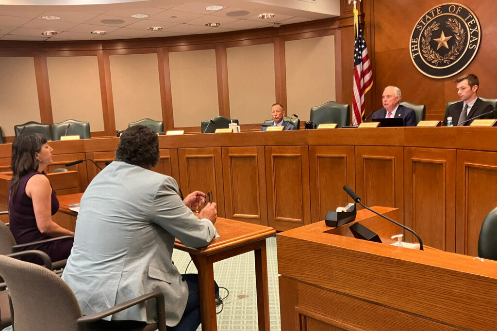 The Texas House Committee on Energy Resources hears testimony from Virginia Palacios and Hawk Dunlap about changes to the Railroad Commission’s public participation policy on Tuesday. Credit: Martha Pskowski/Inside Climate News