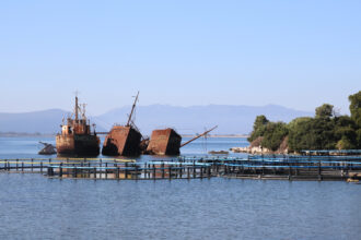 Derelict ships and fish farms near Preveza, Greece. Abandoned farms leach microplastics and release Styrofoam pellets, while their nets trap living creatures like crabs. Credit: Ryan Green/The Outlaw Ocean Project