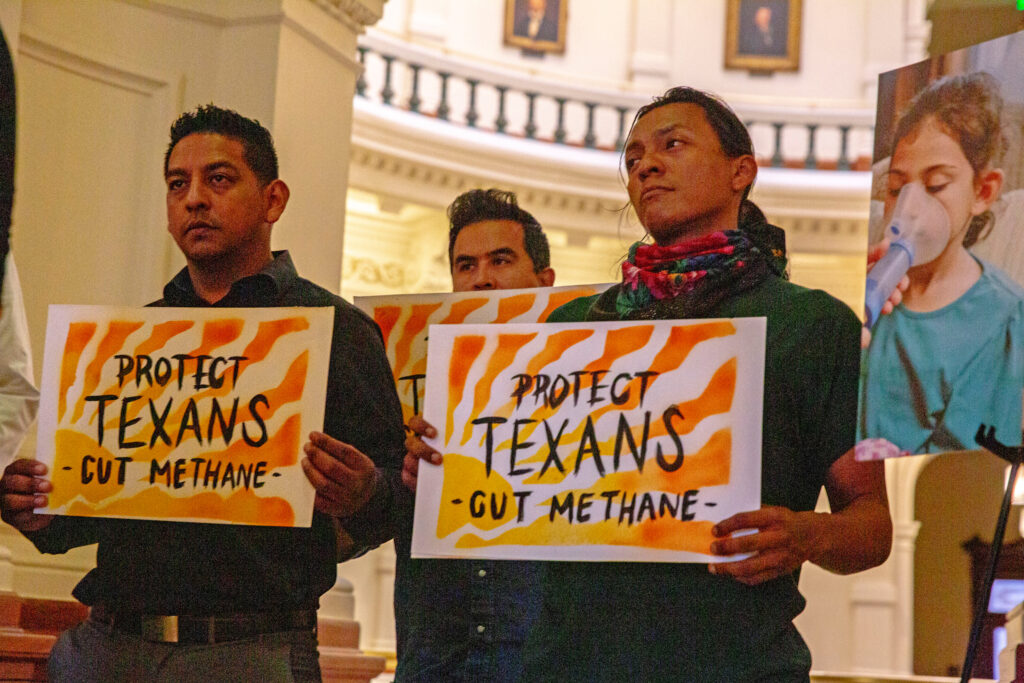 Protesters with the Texas Methane Network, a coalition of environmental groups in the state, held a demonstration at the state capitol on Sept. 10, 2025. Credit: Dylan Baddour/Inside Climate News