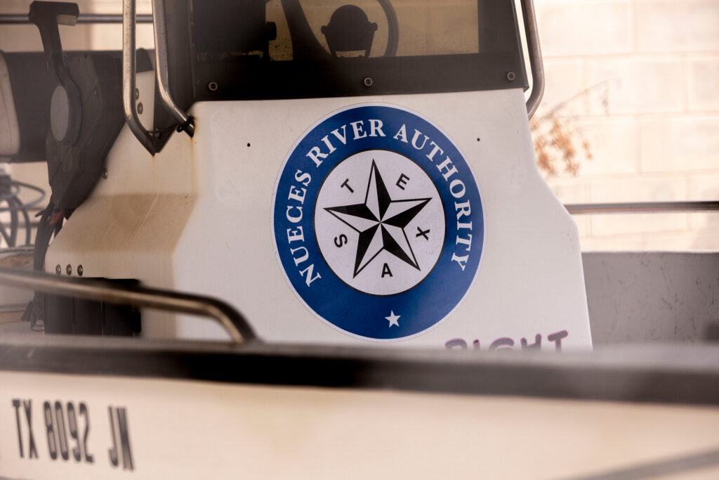 A boat parked outside the Nueces River Authority satellite office in Robstown on Oct. 25. Credit: Dylan Baddour/Inside Climate News