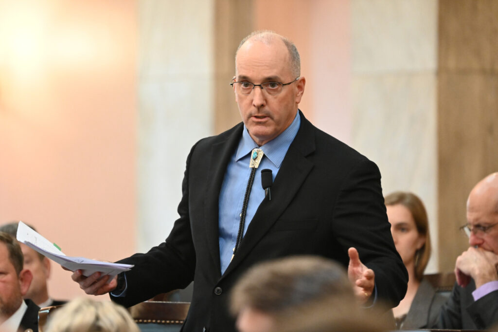 Ohio Rep. Adam Holmes, co-chairman of the Select Committee on Data Centers, speaking on the House floor. Credit: Ohio General Assembly