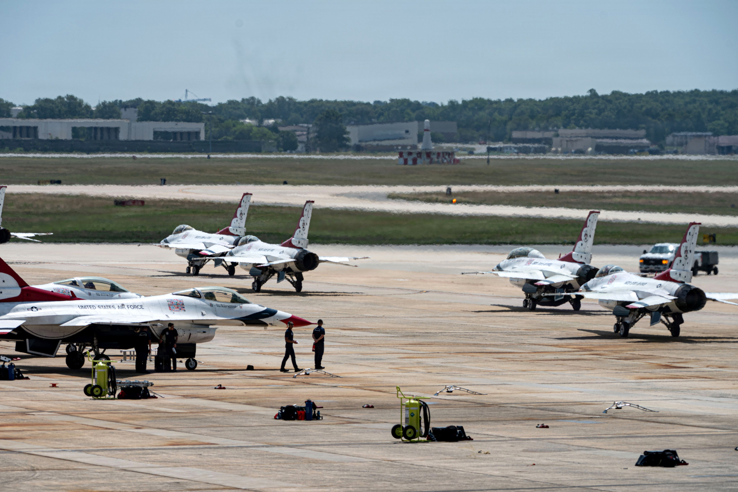 U.S. Air Force F-16 Fighting Falcons with the Thunderbirds squadron sit at Joint Base Andrews in Maryland on July 3. Credit: Tylan Alicea/U.S. Air Force