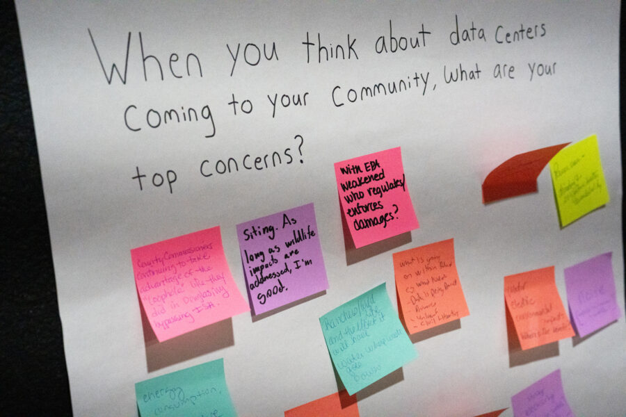 Locals voiced concerns about environmental damages from data center construction, water use and energy consumption at a meeting in Cody this October. Credit: Jake Bolster/Inside Climate News