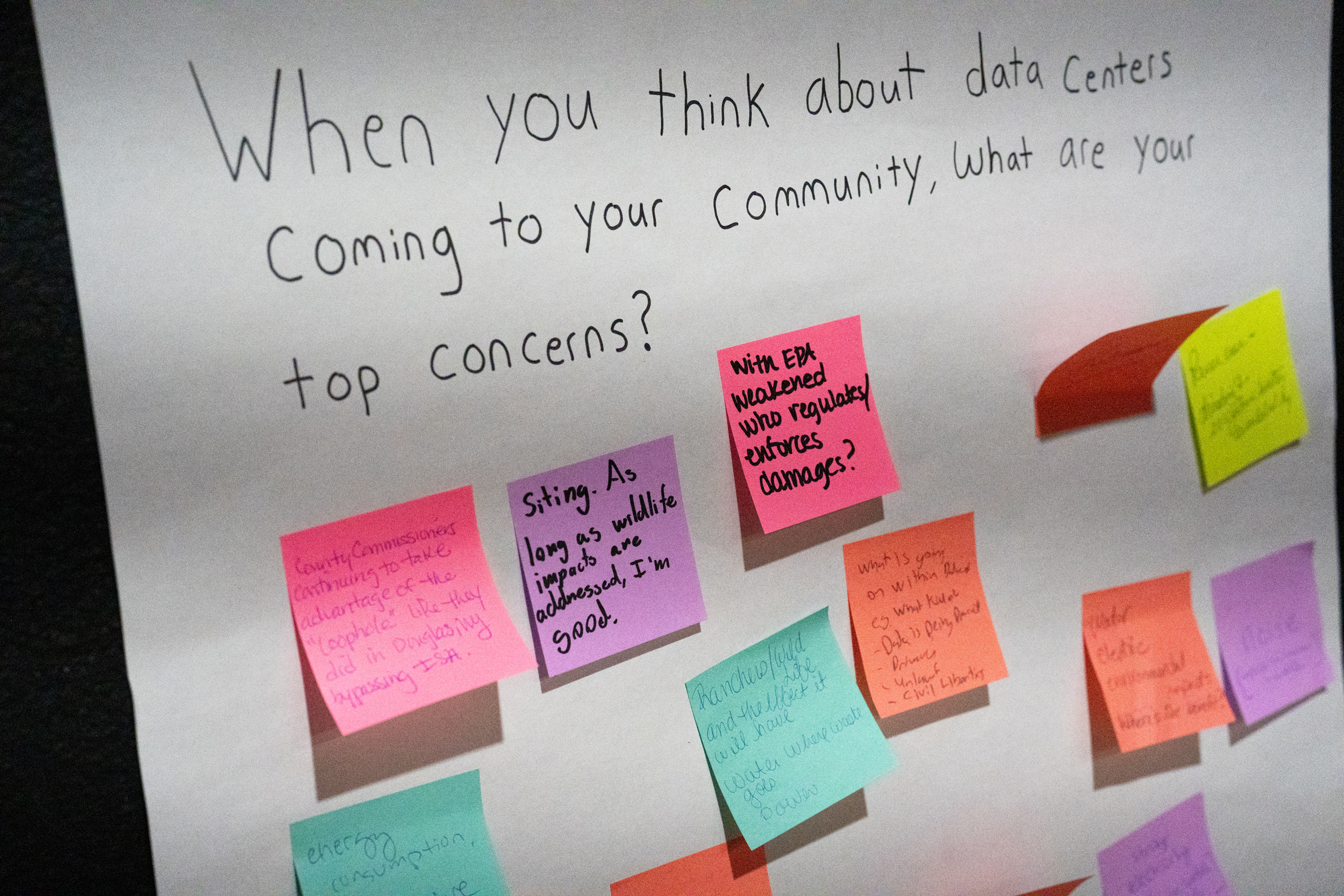 Locals voiced concerns about environmental damages from data center construction, water use and energy consumption at a meeting in Cody this October. Credit: Jake Bolster/Inside Climate News