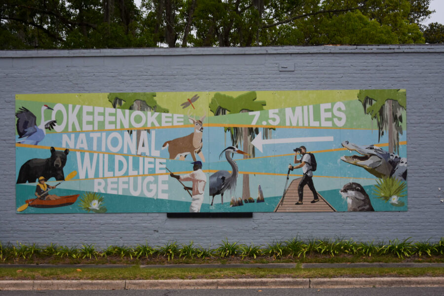 A sign in the town of Folkston advertises the Okefenokee National Wildlife Refuge. Credit: Ryan Krugman/Inside Climate News