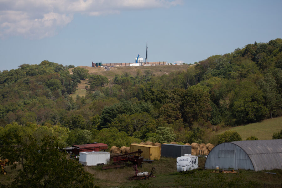 The construction site of a natural gas well sits in the background of a farm in Washington County, Pennsylvania, on Sept. 6, 2024. Credit: Rebecca Droke/AFP via Getty Images
