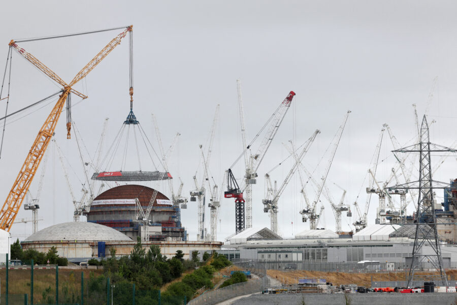 A domed roof is installed during construction of the Hinkley Point C nuclear power station near Bridgwater in southwest England on July 17, 2025. Credit: Adrian Dennis/AFP via Getty Images