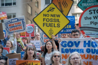 People participate in a protest against Williams Cos. pipeline development in New York City on Aug. 15, 2025. Credit: Erik McGregor/LightRocket via Getty Images