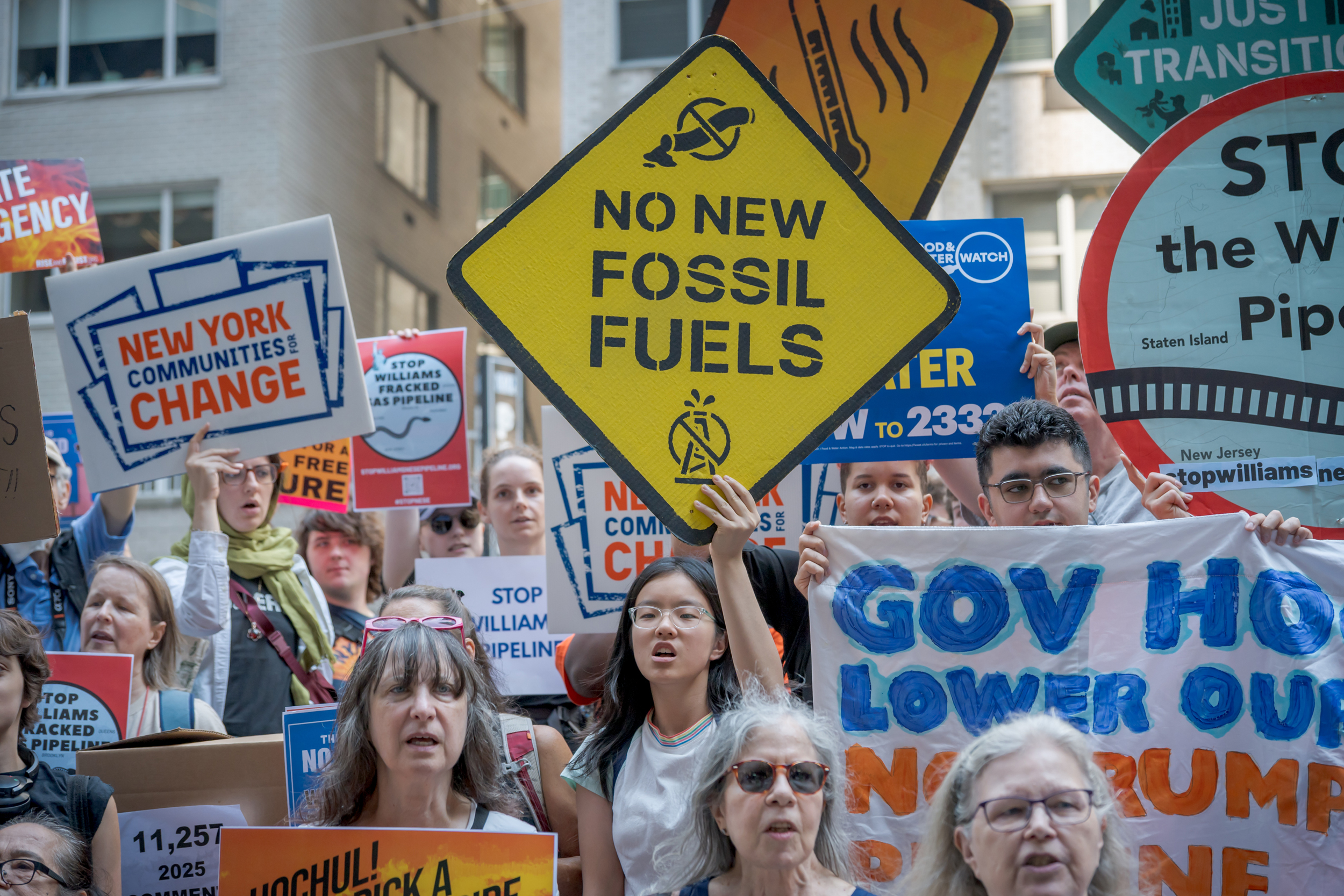 People participate in a protest against Williams Cos. pipeline development in New York City on Aug. 15, 2025. Credit: Erik McGregor/LightRocket via Getty Images