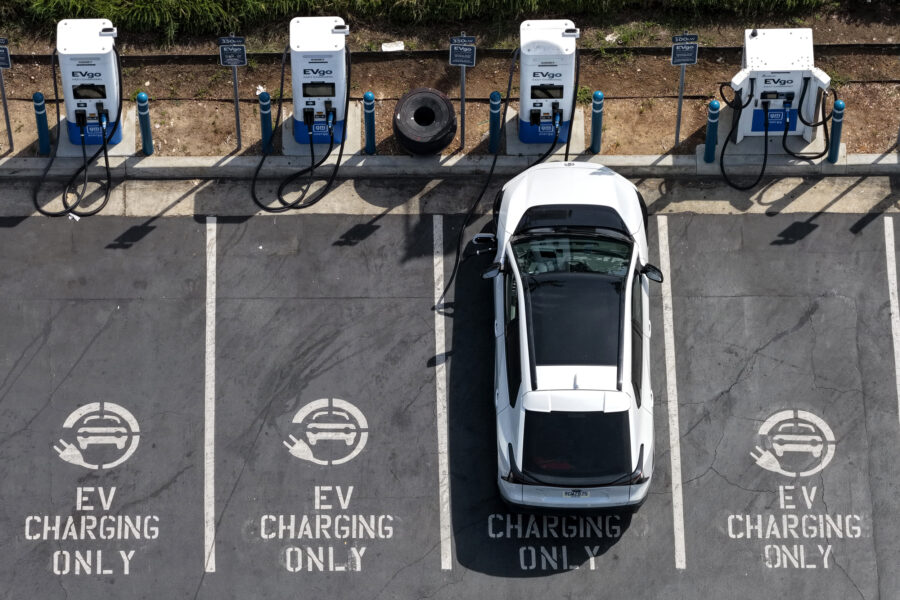 An EV charges at a station in Monrovia, Calif., on March 30. Credit: Justin Sullivan/Getty Images