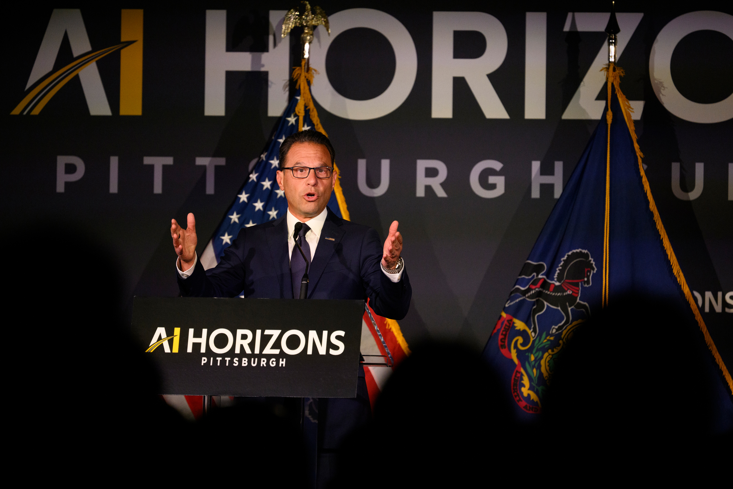 Pennsylvania Gov. Josh Shapiro delivers a keynote speech during the AI Horizons Summit on Sept. 17 in Pittsburgh. Credit: Jeff Swensen/Getty Images