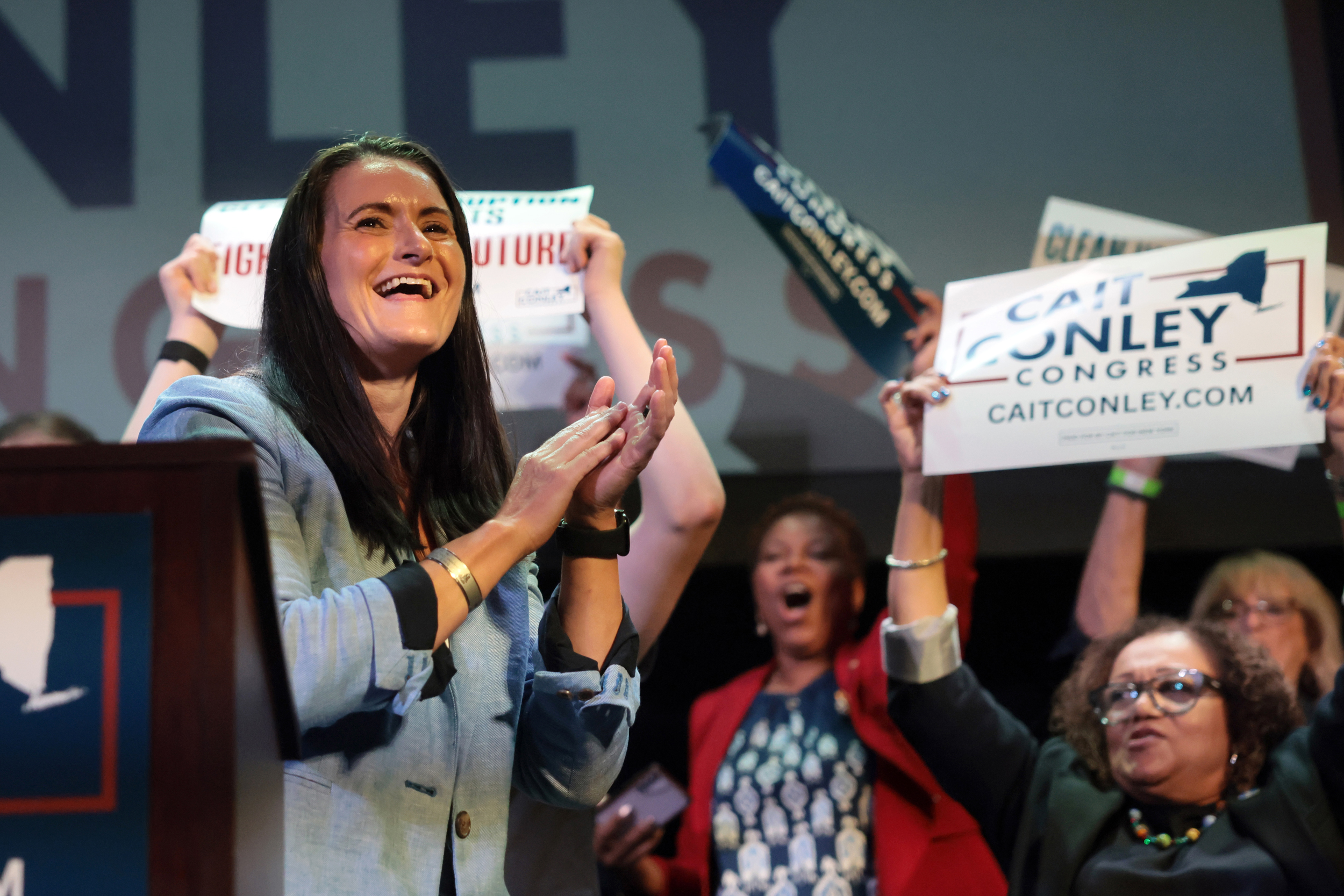 Cait Conley speaks to supporters on Sept. 16 in Tarrytown, N.Y. Credit: Spencer Platt/Getty Images