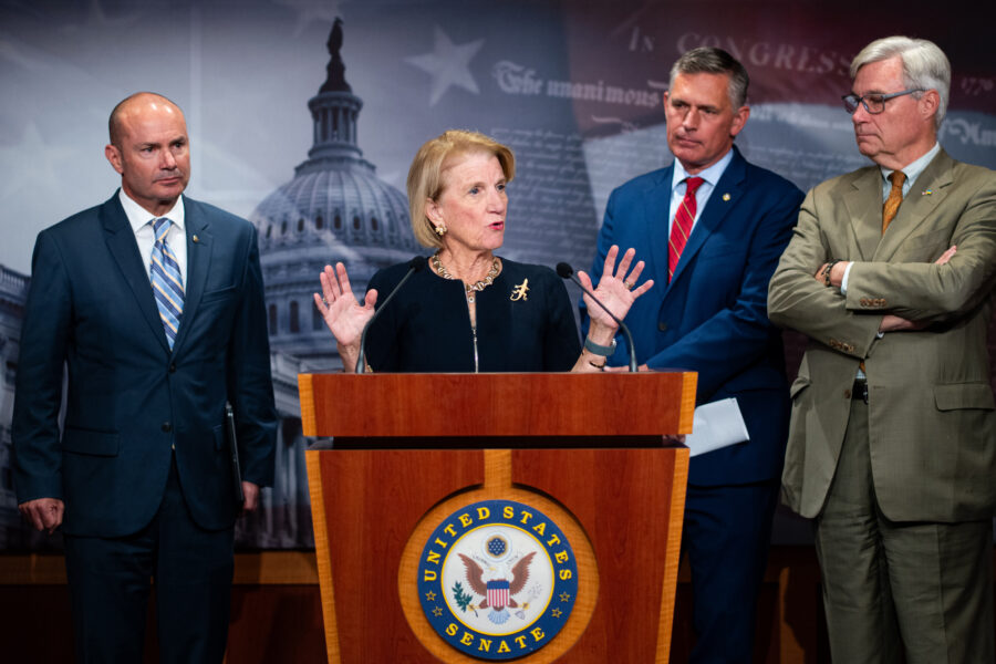 From left: Sen. Mike Lee (R-Utah), Sen. Shelley Moore Capito (R-W.Va.), Sen. Martin Heinrich (D-N.M.) and Sen. Sheldon Whitehouse (D-R.I.) hold a news conference on the Bipartisan American Affordability and Jobs Act in the U.S. Capitol on Sept. 30 . Credit: Bill Clark/CQ-Roll Call via Getty Images