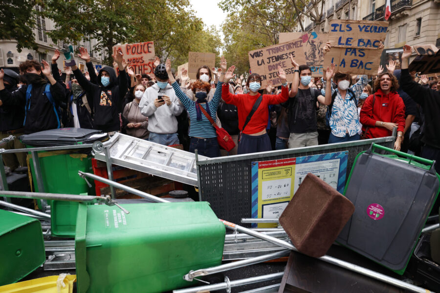 Students block the road outside a university in Paris during a protest on Oct. 7. Credit: Tom Nicholson/Getty Images