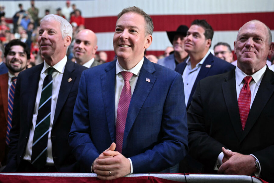 EPA Administrator Lee Zeldin (center) stands with Energy Secretary Chris Wright and White House Border Czar Tom Homan as they listen to President Donald Trump speak at a campaign rally in Syracuse, N.Y., on Oct. 9. Credit: Mandel Ngan/AFP via Getty Images
