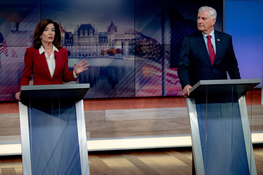Gov. Kathy Hochul and Republican gubernatorial challenger Bruce Blakeman debate ahead of the November election at the Spectrum News NY1 studios on Tuesday in New York City. Credit: Anna Connors/Getty Images