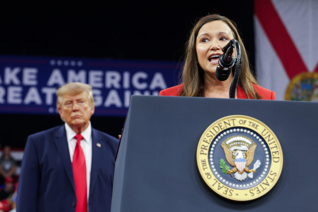 U.S. Sen. Ashley Moody speaks alongside President Donald Trump during an election rally at Florida Gulf Coast University on Oct. 23 in Fort Myers. Credit: Alex Wong/Getty Images