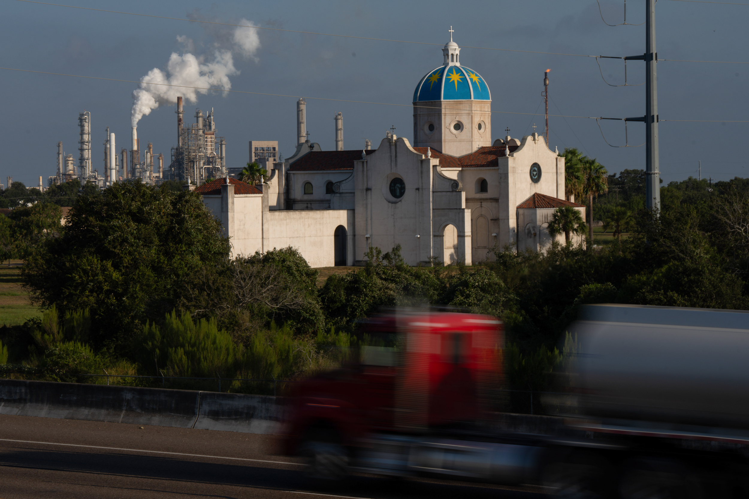 Steam billows from a cooling tower at Valero’s Bill Greehey refinery, the second-largest water user in the Coastal Bend region, on Aug. 23. Credit: Jon Shapley/Inside Climate News
