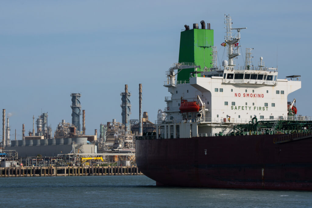 A ship navigates the Port of Corpus Christi on Aug. 22. Credit: Jon Shapley/Inside Climate News