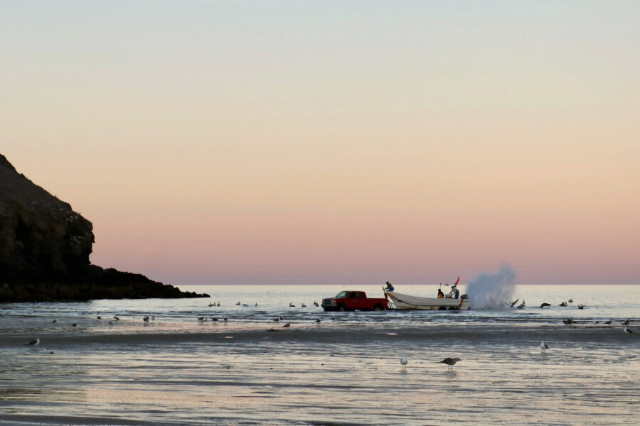 A panga returns at dusk beneath the cliffs of San Felipe’s Shrine of Guadalupe, home to one of the town’s unofficial and largely unregulated fishing slipways. Credit: Ryan Green/Pulitzer Center