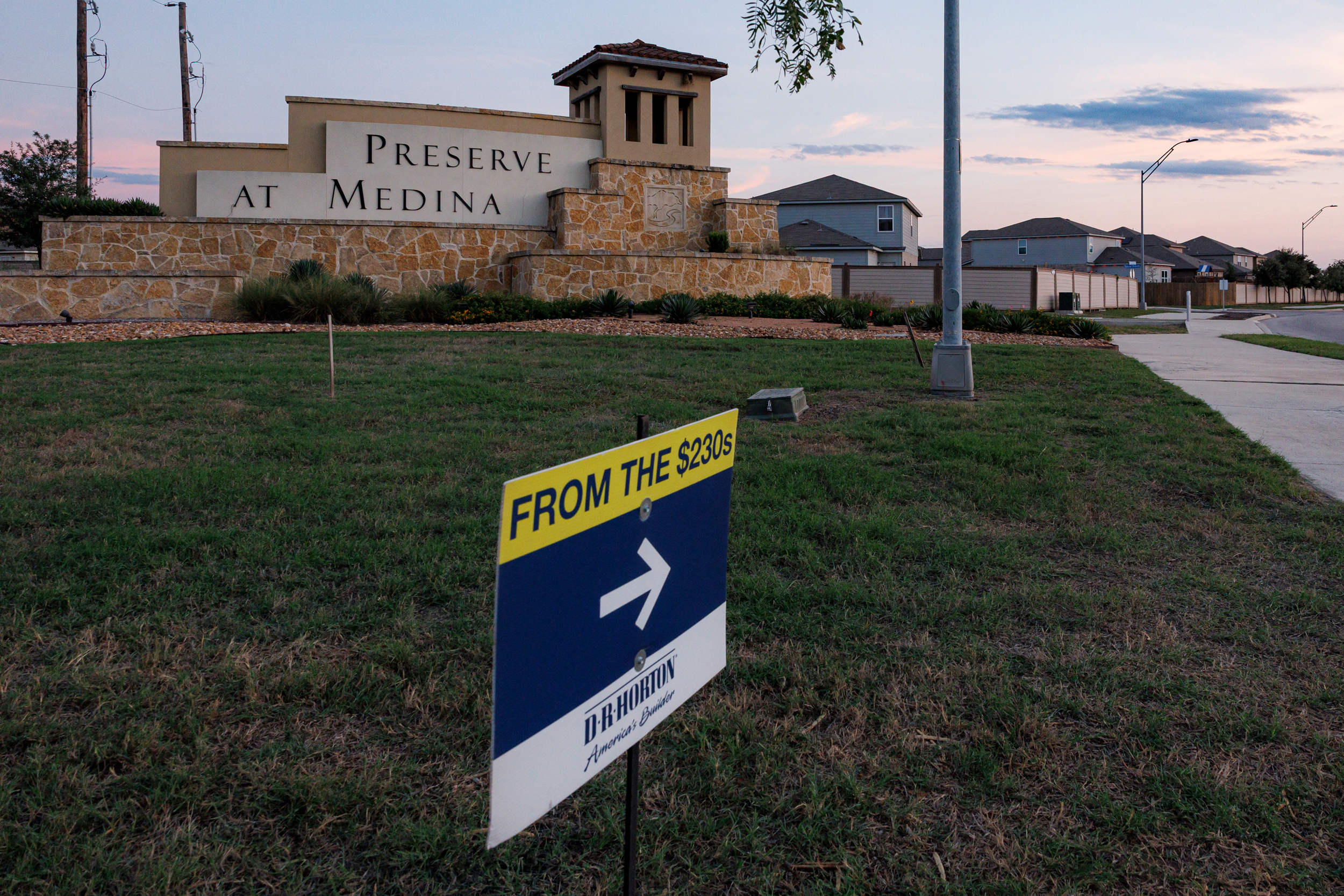 A sign advertises homes for sale or rent at the entrance to the Preserve at Medina subdivision. Credit: Sam Owens/San Antonio Express-News